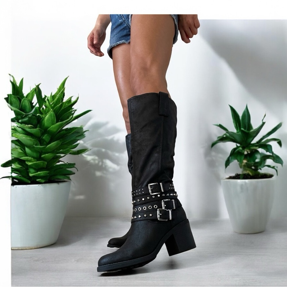 New Fergie black faux leather studs accent knee high boots -  7 1/2 M
